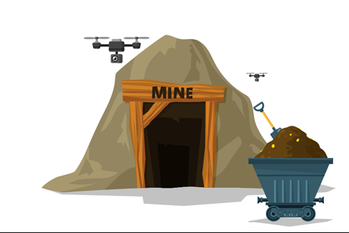 Clipart of a mine surrounded by drones